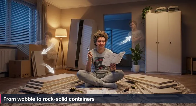 Person on a living room floor assembling flat-pack furniture beside a laptop, scattered panels and screws, with a small assembled wardrobe symbolizing containers