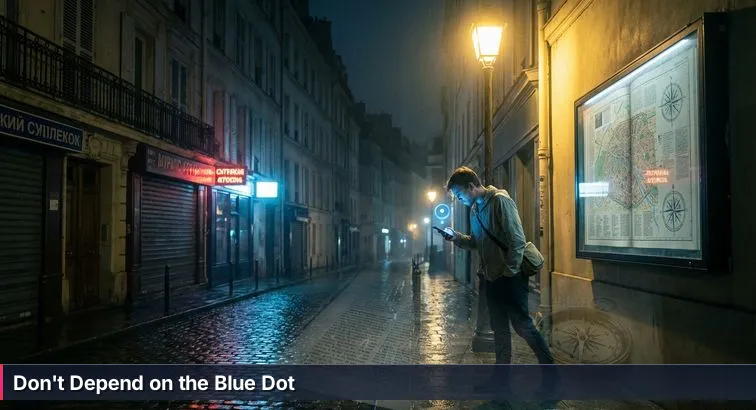 A person in a soaked hooded jacket stands under a streetlight at night, holding a smartphone with a faint blue location dot and a low-battery indicator; rain and puddles reflect city lights.