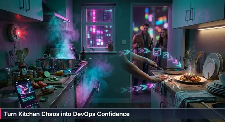 Learner at a laptop in a kitchen-like workspace, with terminal windows, cloud and container icons, a kitchen timer, and focused, determined expression.