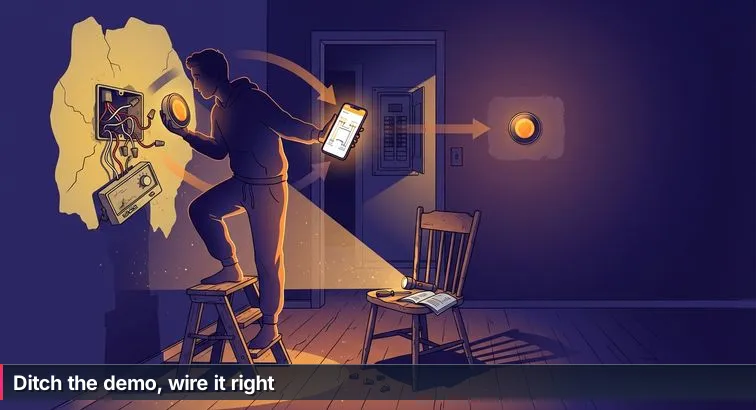 Person at a workbench with a laptop showing code, a printed wiring diagram, and an open breaker panel on the wall, lit with warm workshop light.