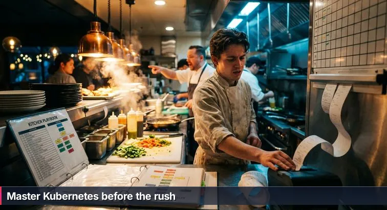 A busy restaurant kitchen blended with tech visuals: chefs at stations labeled by concept, a glowing ticket rail of incoming requests, and cloud-style server elements in the background.