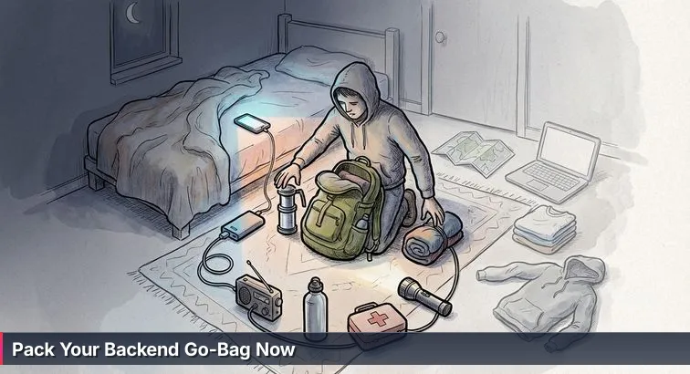 Developer packing a small backpack at 2:17 a.m. with a laptop, flashlight, water bottle, and a phone showing a glowing alert on a dim bedside table.