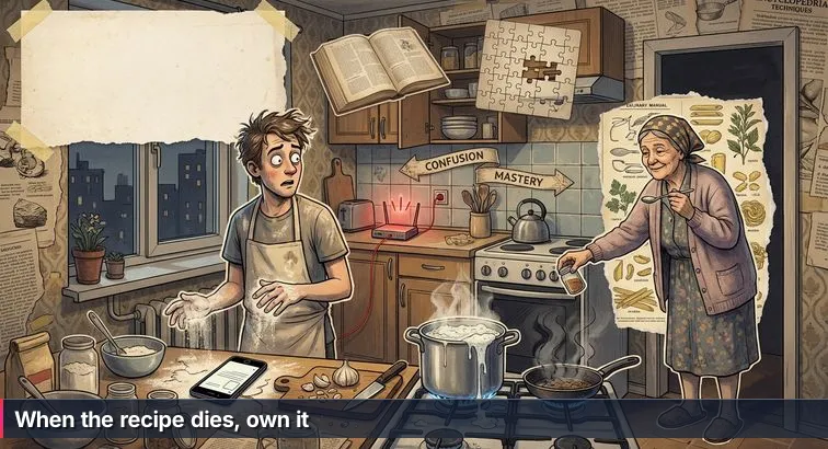 A developer in a small, slightly chaotic kitchen-studio: laptop glowing, steam rising from a pot, scattered notes and sticky papers - visual metaphor for debugging and taking control.