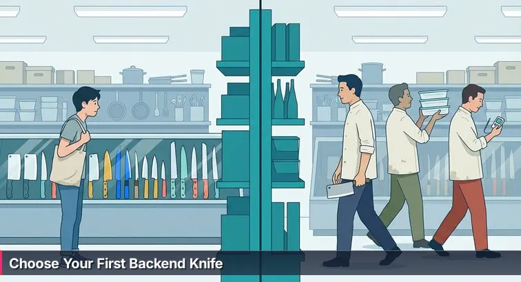 Person in a restaurant-supply store aisle studying four distinct chef knives on a rack, holding a gift card, with other shoppers and warm fluorescent lighting in the background.