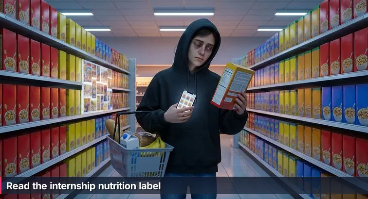 A young person in a grocery aisle comparing cereal boxes while holding a glowing smartphone; backpack and laptop nearby under late-night fluorescent lights.
