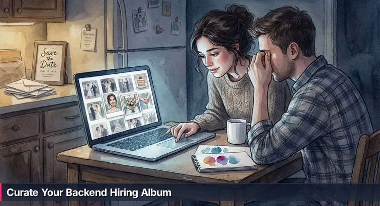 Close-up of a laptop showing a crowded gallery of tiny thumbnails and three highlighted project screenshots, with an open terminal, coffee mug, and notebook nearby.