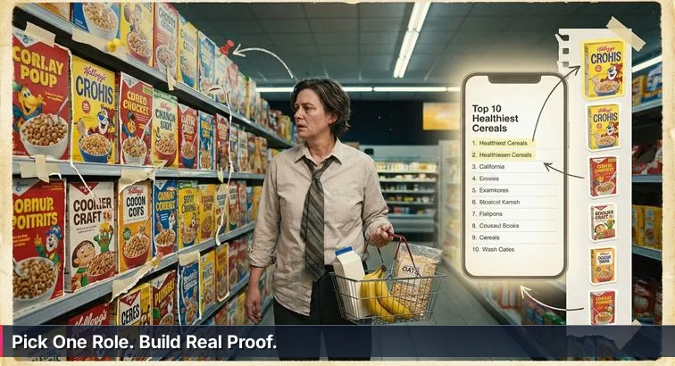 Person in a grocery aisle comparing cereal-style boxes illustrated with cloud, server, and gear icons, looking thoughtful.