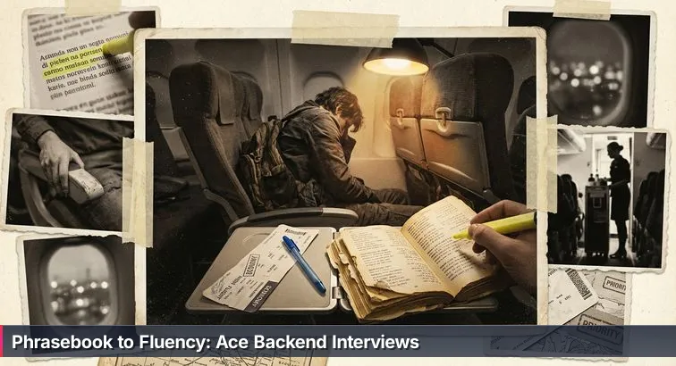 A nervous developer on an airplane under the reading light, studying a dog-eared phrasebook labeled “25” with a laptop showing terminal code nearby.