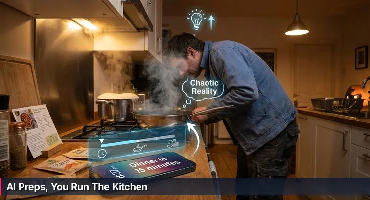 A developer at a kitchen-style workstation with a laptop showing code and a smoking pan on the stove, symbolizing AI-assisted coding and human oversight.