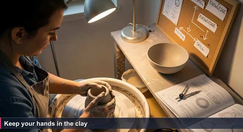 A person with clay-covered hands at a pottery wheel, looking at a collapsed vase, with a perfect finished bowl on a shelf beside them, symbolizing the struggle of learning AI.