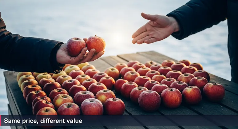 A winter morning at Kyiv's Zhytniy Rynok market. A customer holds two identical red apples with a handwritten price sign, symbolizing the hidden differences in job offers.