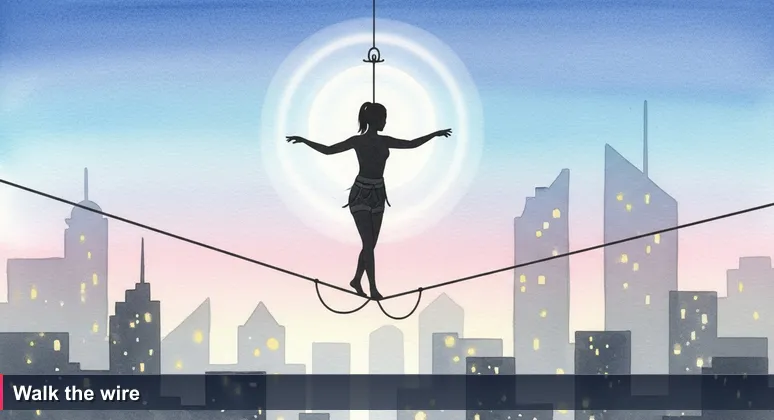 A tightrope walker balanced high above a city at dusk, arms outstretched, stepping forward with focus, symbolizing the risk and reward of a tech career in Ukraine.