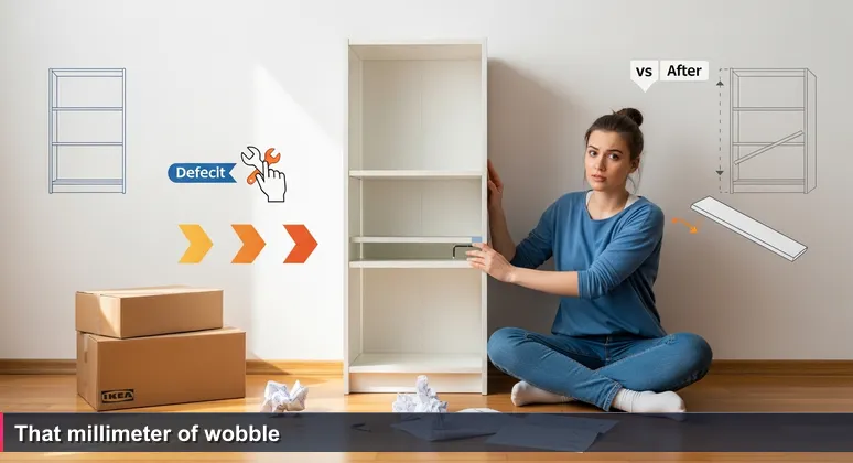 A young woman in a Kyiv apartment sits on the floor, holding an Allen key, staring at a slightly crooked IKEA bookshelf she just assembled.