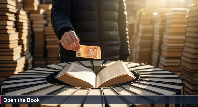 A young person at a Kyiv book market opens a book and finds a 200-hryvnia note, symbolizing hidden funding for tech training.