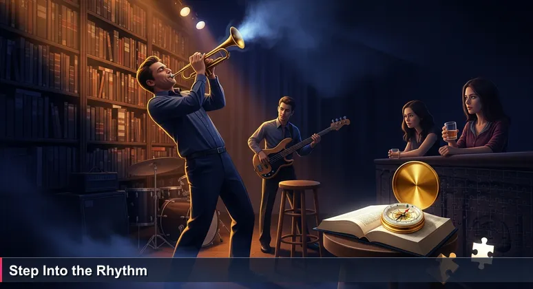 Young woman at a jazz club watching a trumpet player solo, with an empty stool beside her symbolizing the invitation to join the AI community.