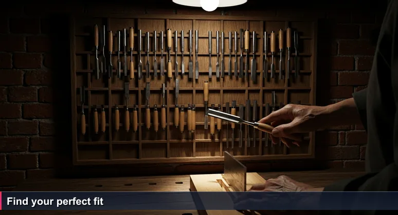 An elderly toolmaker's hands carefully select a single chisel from a wall of tools on a wooden workbench in a dim Kyiv basement workshop.