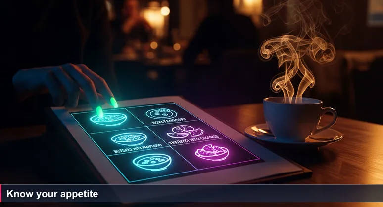 A hand hesitating over an open restaurant menu on a Kyiv table, symbolizing the choice among top tech apprenticeships.