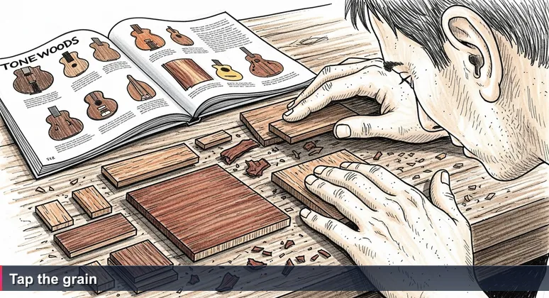 A luthier's calloused hands tap pieces of rosewood and mahogany, ear tilted to listen, while a magazine titled 'Top 10 Tonewoods' lies ignored in the background, symbolizing choosing a bootcamp by fit over rankings.