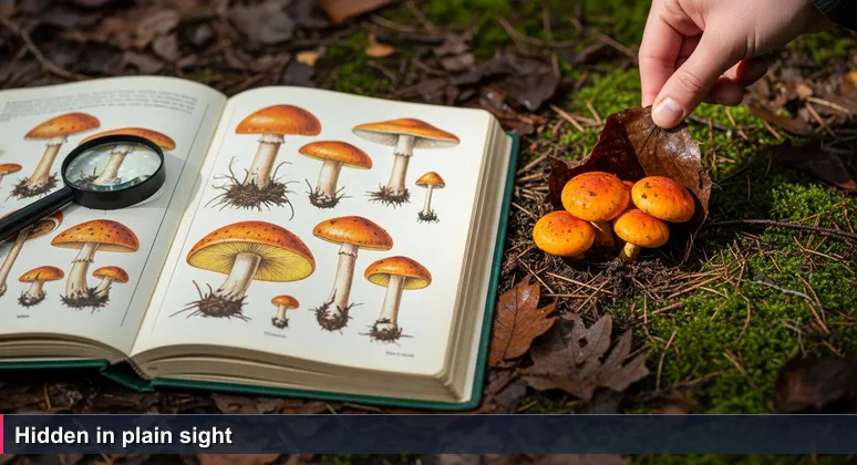 A hand pushes aside a brown leaf on a rain-soaked forest floor, revealing a cluster of orange mushrooms, symbolizing hidden cybersecurity job opportunities.