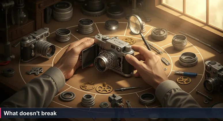 An elderly watchmaker in a dim Kyiv workshop examines a vintage Leica camera, tapping the lens housing with his fingernail.