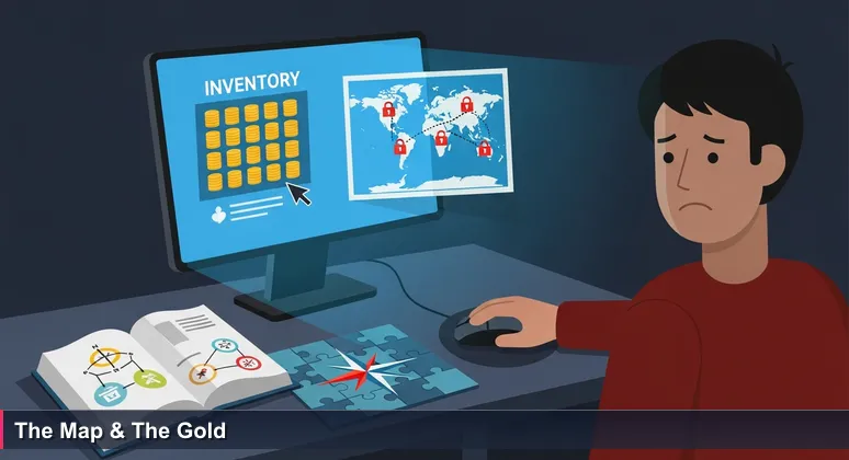 A gamer stares at their inventory screen with gold coins stacked, while a world map beside it shows locked regions and a cursor hovering over a restricted area. The screen glow illuminates a face caught between satisfaction and frustration.