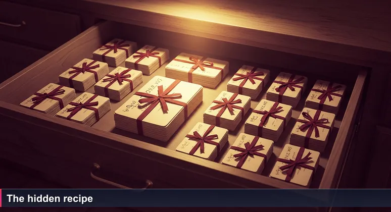 Worn wooden kitchen drawer slightly open, revealing stack of handwritten index cards tied with red ribbon, evoking hidden knowledge and nostalgia.