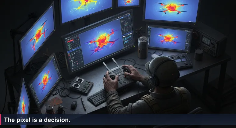 Close-up of hands gripping a drone controller in a dimly lit field command post, with an AI-enhanced thermal screen glowing, symbolizing real-world AI deployment in Ukraine.