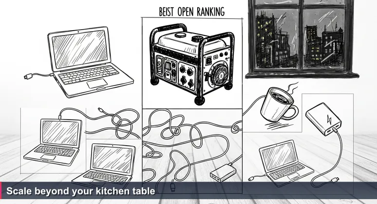 Worn wooden kitchen table with three laptops, tangled cables, a power bank, and half-empty coffee mug; a small generator on the floor; dark city skyline through window.