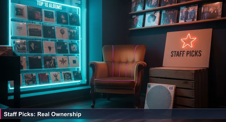 A quiet Kyiv record store on Mezhyhirska Street with a front display of polished albums and a back crate marked 'Staff Picks' containing a worn vinyl sleeve. Morning light illuminates the scene.