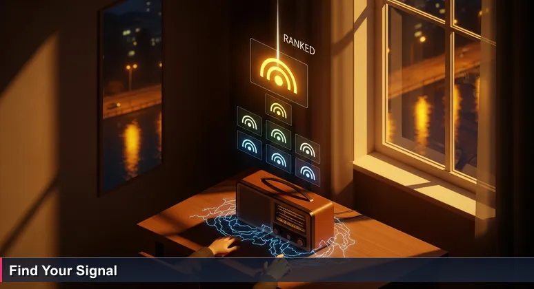 Fingers tuning a vintage radio dial in a dim Kyiv apartment, with Dnipro River lights through the window.