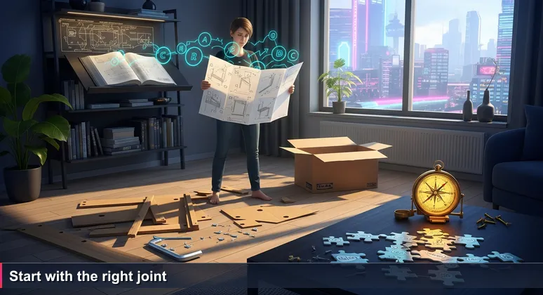 A person stands in a Stockholm apartment, holding an assembly diagram, with an open IKEA flat-pack box and an Allen key at their feet, looking puzzled.