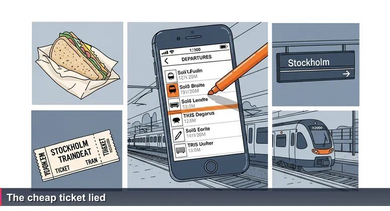 A person standing on a chilly Stockholm train platform looking at a phone showing train ticket prices sorted from lowest, holding a half-eaten Pressbyrån sandwich, with an express train blurring past.