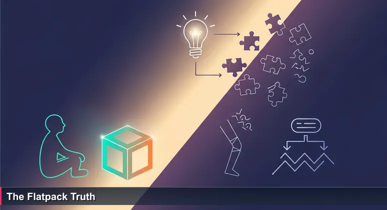 Person sitting on a wooden floor surrounded by scattered IKEA furniture parts and a bewildering instruction sheet, with a box lid showing the perfect finished product, late afternoon light, representing the effort of starting a tech career in Sweden.