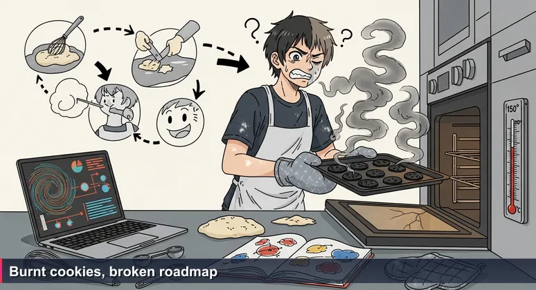 A person in a Stockholm kitchen looks at burnt cookies on a baking tray. An open cookbook and a laptop showing an AI course sit on the counter. The oven thermometer is cracked at 150°C.