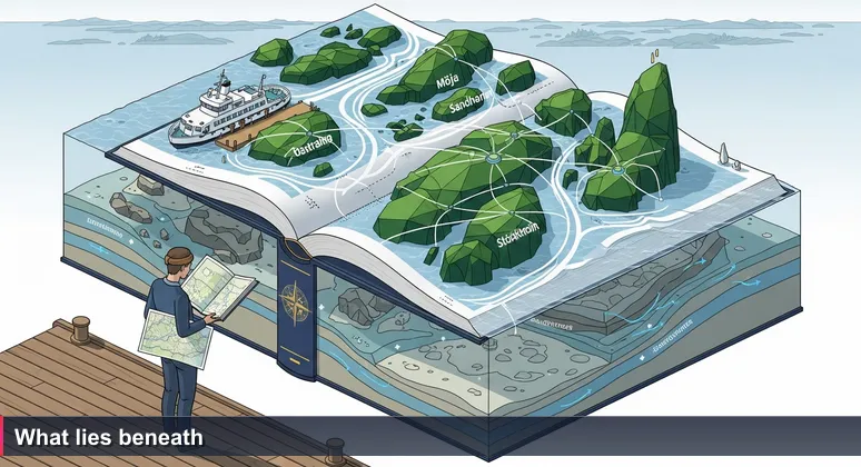 A person at Strömkajen in Stockholm looking at an archipelago map, with hidden underwater skerries beneath the surface, symbolizing hidden salary structures.