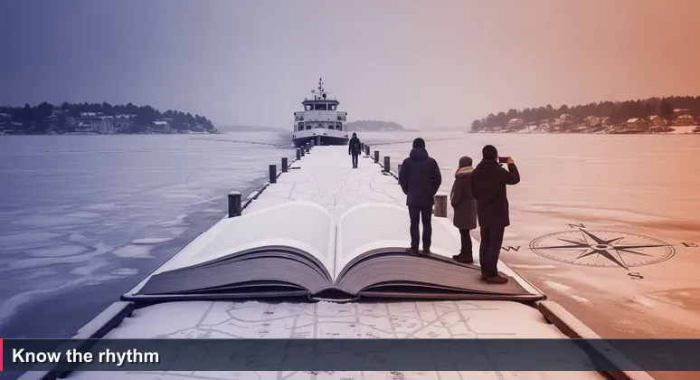 Snowy Stockholm ferry dock with locals stepping onto a ferry and a hesitant visitor checking phone, representing the challenge of entering Sweden's AI community without insider knowledge.