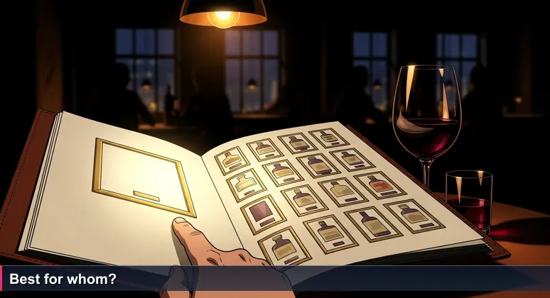 Hand holding a leather-bound wine list with gold 'Top Picks' lettering, a fingertip tracing down past the first recommendation, with a glass of red wine in the background in a dim Stockholm restaurant.