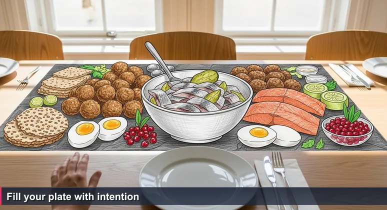 A traditional Swedish smörgåsbord spread on a wooden table with various dishes, an empty white plate at the edge, and a hand hovering indecisively over the food. Bright Nordic daylight.