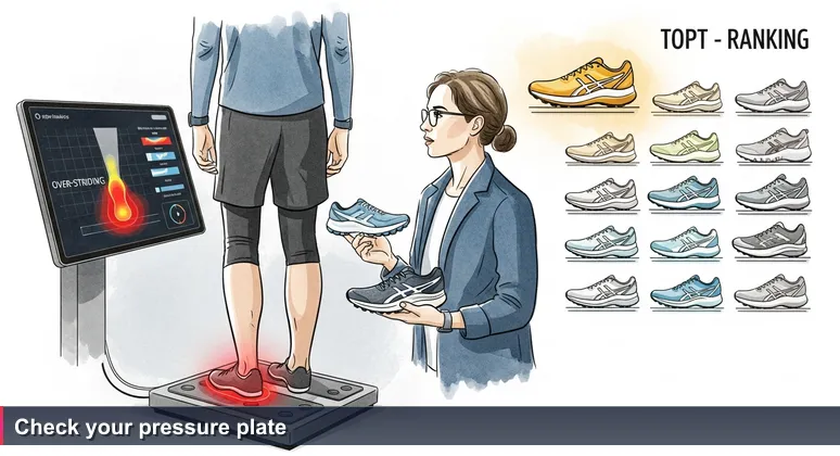 A runner on a pressure plate in a shoe store, with a foot strike heat map glowing on a screen. A salesperson holds two different running shoes, symbolizing the choice between a top-ranked bootcamp and one that fits personal needs.