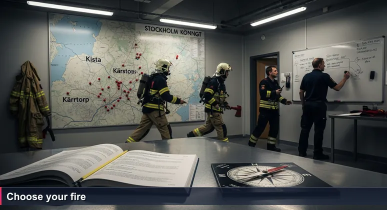 Swedish fire station interior with alarm sounding, four firefighters sprinting past a map of Stockholm County with red pins marking hiring sectors; commander draws incident routes on whiteboard.