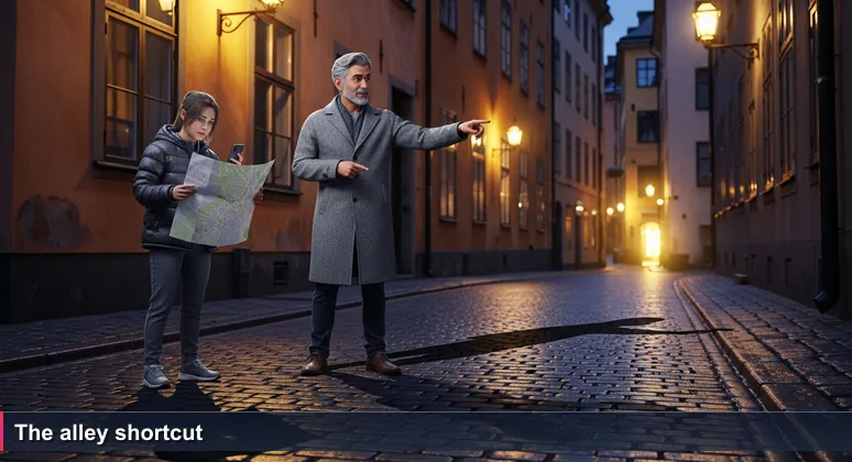 A tourist with a dead phone is helped by a local in Gamla Stan pointing to a hidden alley, symbolizing the human guidance behind Sweden's free tech training list.