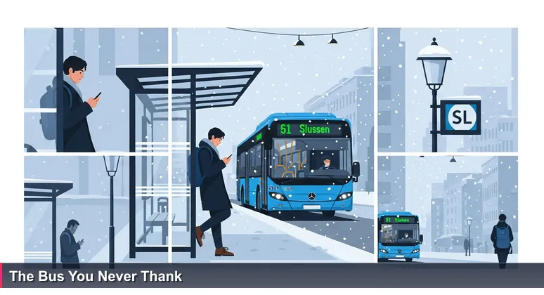 A person at a Stockholm bus stop checking phone as a bus arrives on time in snowy weather, representing the invisible AI systems behind daily life.