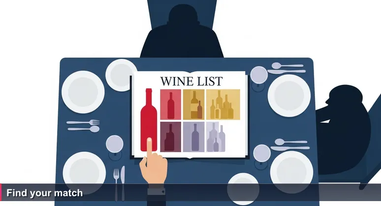 A person's hand holding an open wine list at a restaurant table, finger tracing down a column of names and prices, with another person visible in the background.