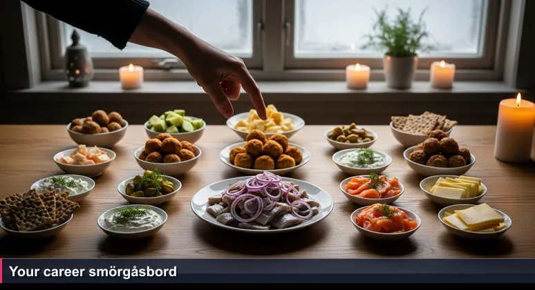 A Swedish smörgåsbord with herring, meatballs, salmon, crispbread, and cheese on a wooden table. An empty plate and a hovering hand in the foreground, winter light and candles.