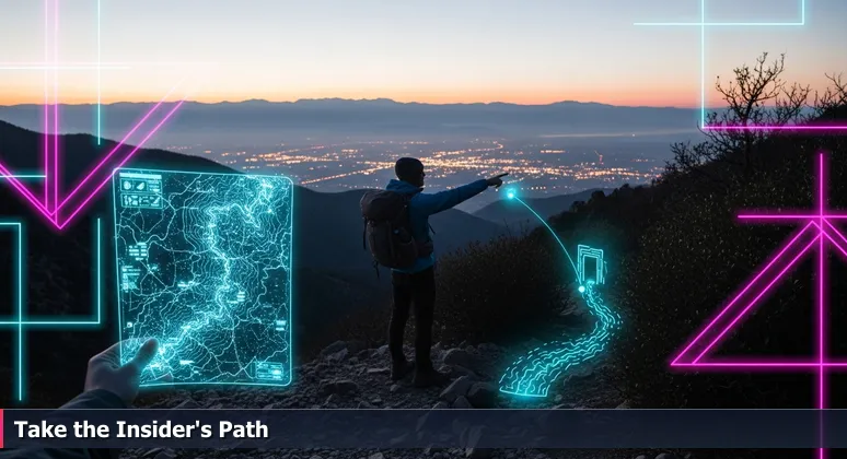 A hiker at dawn on a Wasatch Mountain trail above Orem, holding a map and pointing towards an unmarked path that leads to the summit, symbolizing local career insights.
