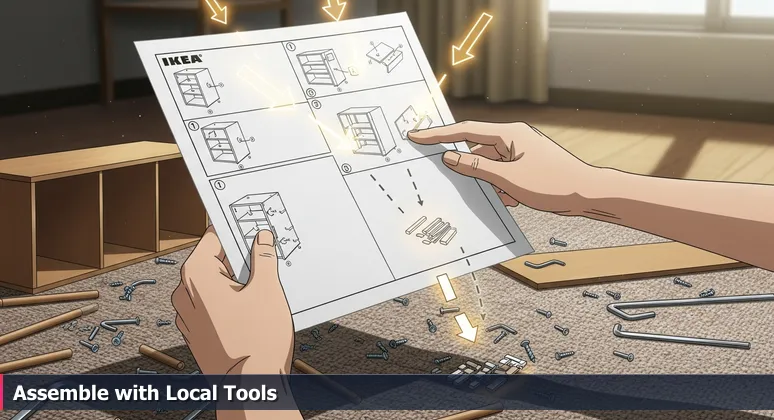 Hands holding a clear IKEA instruction sheet over a chaotic assortment of wooden dowels and a half-assembled bookcase on a carpet, symbolizing the practical assembly of an AI career in Orem.