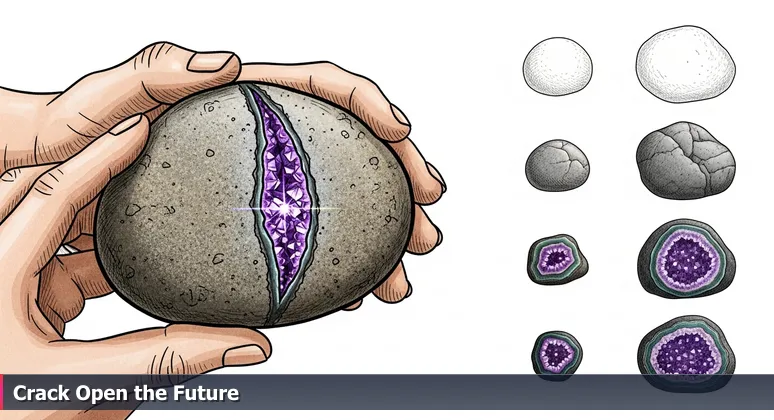 A detailed view of hands holding a rough geode from the Provo River, with a crack exposing vibrant purple crystals, representing hidden AI innovation in Orem.