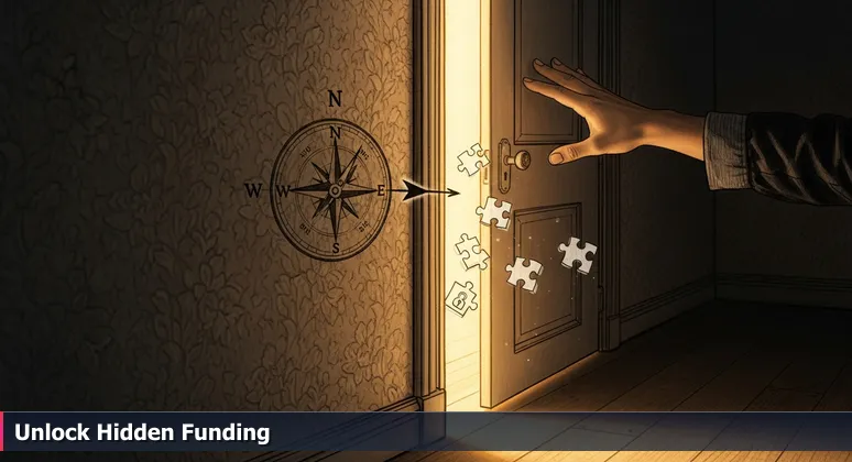 A hand discovering a hidden door in an Orem home's wallpaper, with light shining through, symbolizing access to tech training funding opportunities.