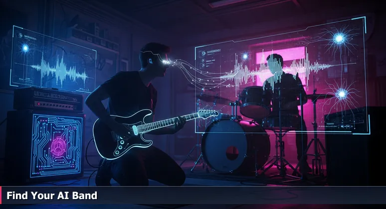 A guitarist in a dimly-lit garage, poised to play, symbolizing collaborative AI networking in Orem, UT's tech community.
