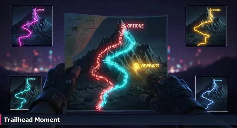 Close-up of hands holding a creased trail map at a mountain trailhead, symbolizing career path choices in Orem's tech scene.